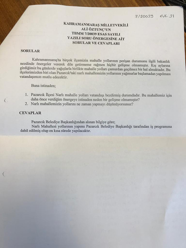 CHP’li Öztunç Pazarcık’ın Yollarını Sordu Bakanlıktan Komik Yanıt Geldi65685