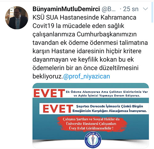 Mutlu Demirci KSÜ’ye Sağlık Emekçileri için Çağrı Yaptı