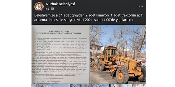 Kahramanmaraş’ın Nurhak İlçe Belediyesi, iş makinelerini açık artırma usulü ile