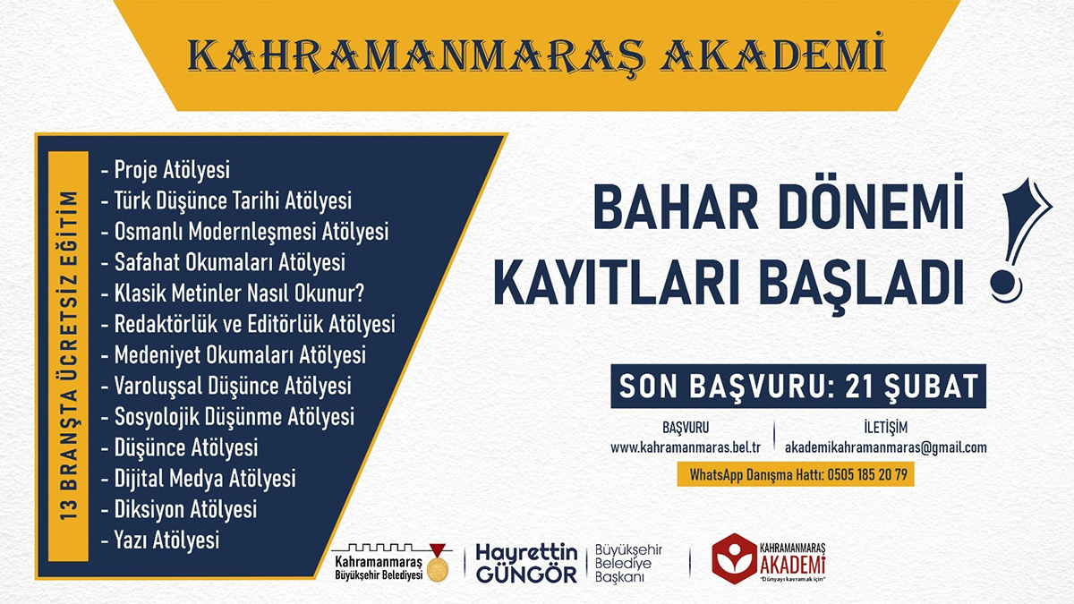 Büyükşehir Belediyesi tarafından düzenlenen ‘Kahramanmaraş Akademi’de bahar dönemi başvuruları devam