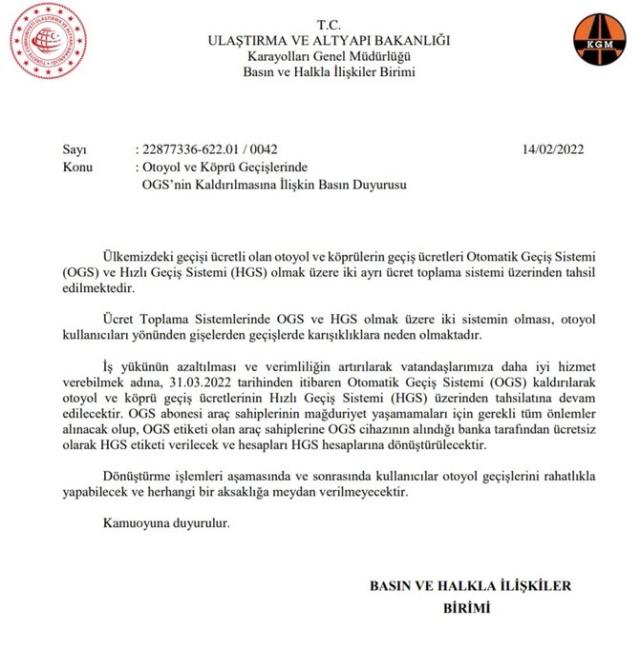OTOYOL VE KOPRU GECISLERINDE OGS KALDIRILDI