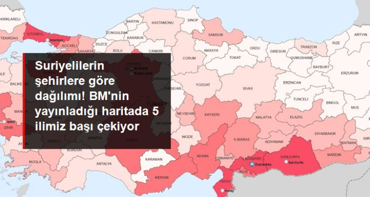 Türkiye’de Suriyelilerin şehirlere göre dağılımı Birleşmiş Milletler Mülteciler Yüksek Komiserliği, Suriye’deki iç savaş nedeniyle Türkiye’ye