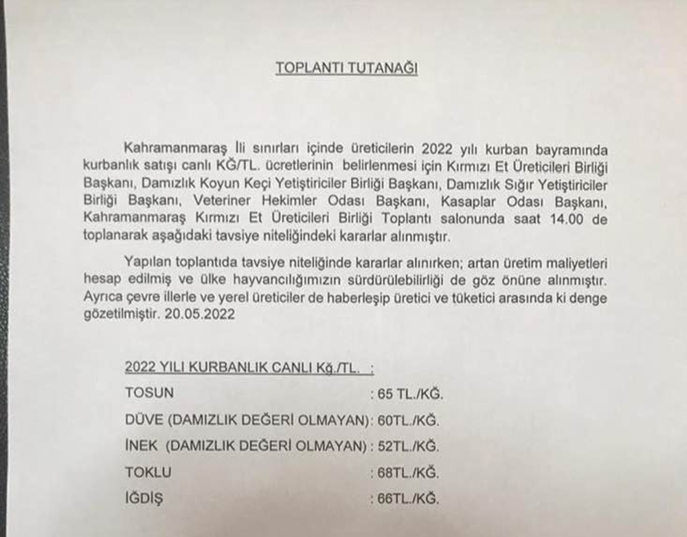 2022 YILI KURBANLIK TAVSİYE FİYATLARI AÇIKLANDI 2 1 2