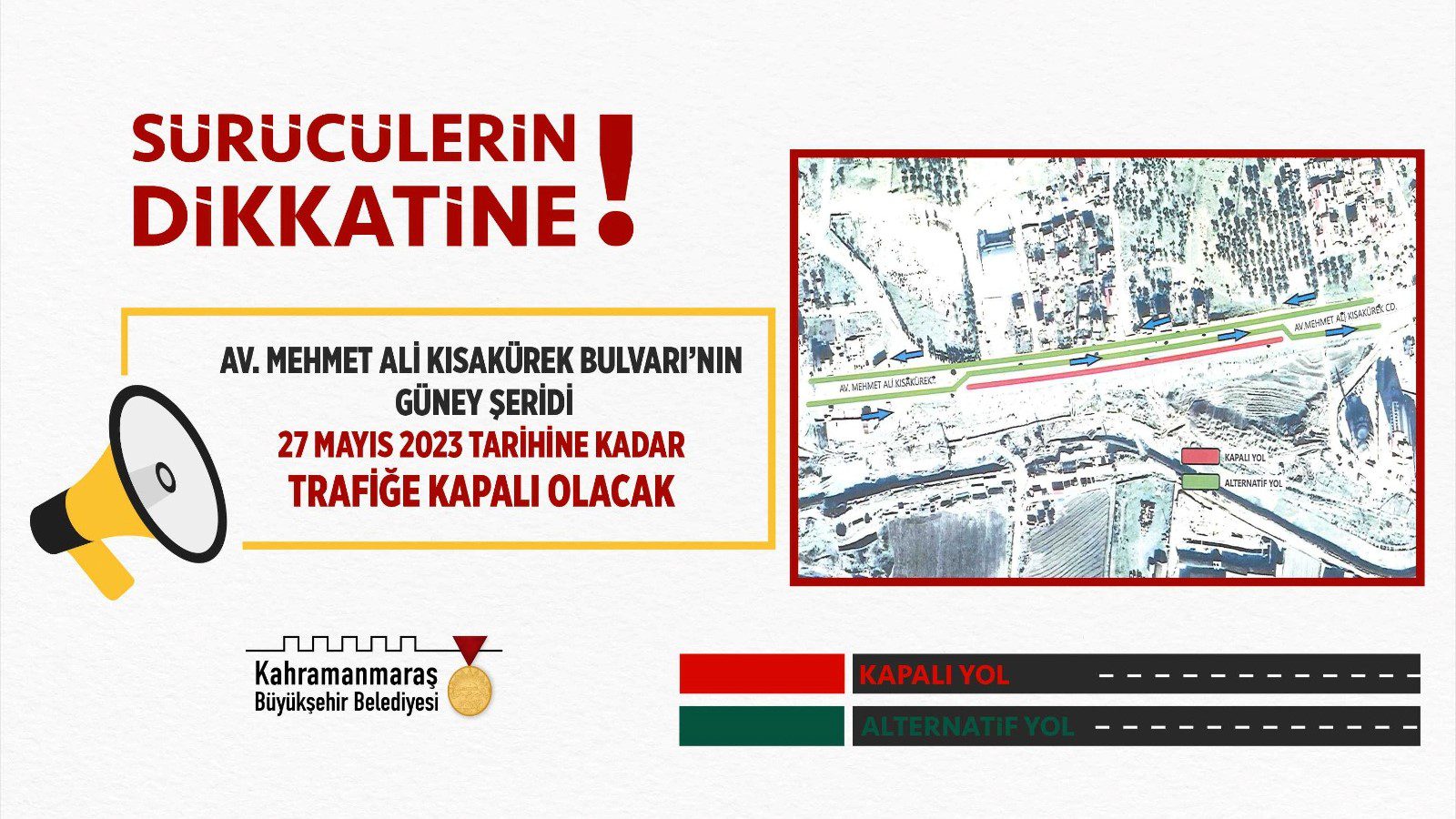 Sürücülerin Dikkatine! Sürücülerin Dikkatine! Büyükşehir Belediyesi, Avukat Mehmet Ali Kısakürek Bulvarı’nın güney