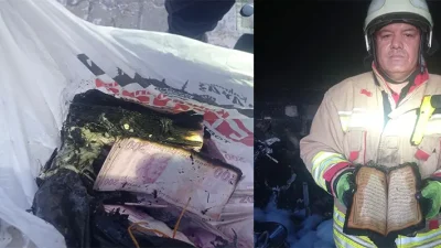 Yangın sonrası yapılan incelemede ev içerisinde bulunan Kur’an-ı Kerim’in alevlerden