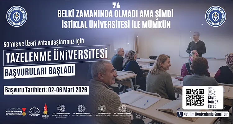 50 Yaş Üstüne Üniversite Kapısı; “Tazelenme Üniversitesi”ne Başvurular Başladı! 2025 – 2026 eğitim öğretim yılı bahar döneminde uygulanacak Tazelenme