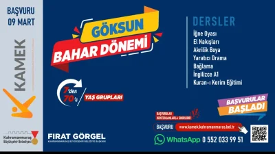 Kahramanmaraş Büyükşehir Belediyesi’nin Meslek Edindirme Kursları (KAMEK) Göksun’da başlıyor. Katılımcılar,