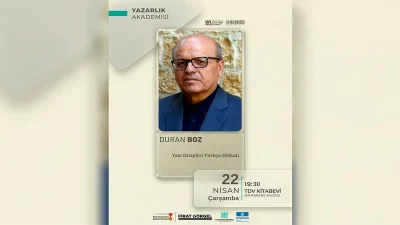TDV Kitabevi Konferans Salonu’nda saat 19.30’da yazar Duran Boz, edebiyatseverlerle