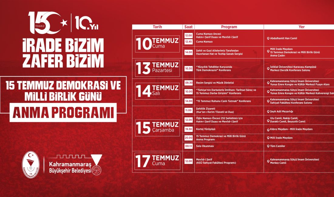 15 Temmuz Demokrasi ve Milli Birlik Günü Anma Programları Başlıyor Anma etkinliklerinin ilk programı, 10 Temmuz Cuma günü saat 14.00’da