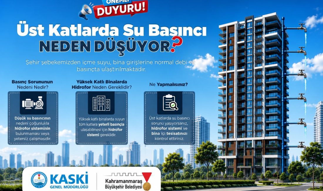 KASKİ’den Yüksek Katlı Binalara Su Basıncı Bilgilendirmesi Yüksek katlı binalarda suyun tüm katlara yeterli basınçla ulaşabilmesi için