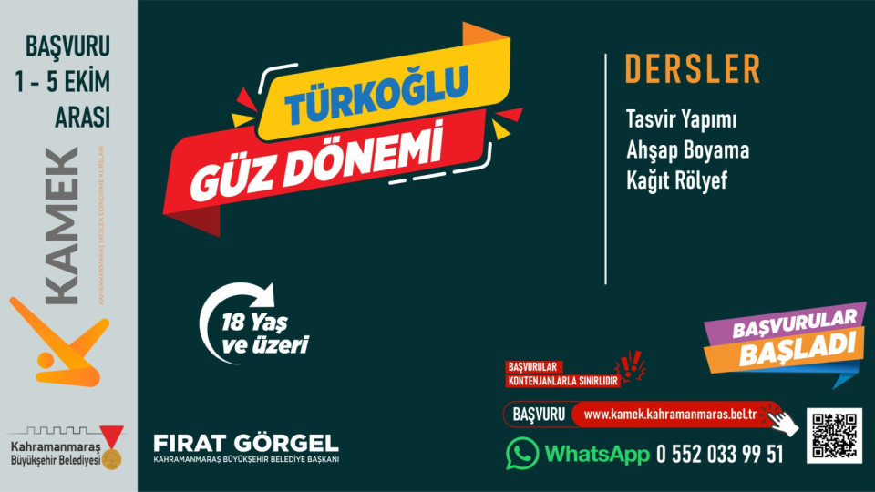 KAMEK ile Her İlçede Eğitim; Türkoğlu ve Göksun’da Kurs Kayıtları Başladı Kahramanmaraş Büyükşehir Belediyesinin bireylerin hem kişisel gelişimlerine hem de mesleki